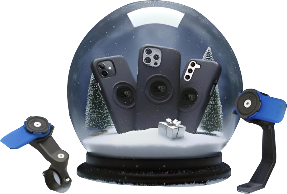 Boule de cristal enfermant des coques Quad Lock. À côté se trouve les supports Quad Lock